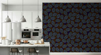 Dark leaf wallpaper with abstract shapes creating a contemporary, elegant vibe.