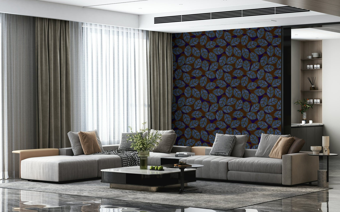 Moody leaf-patterned wallpaper in dark tones for bedrooms, living rooms, or offices.