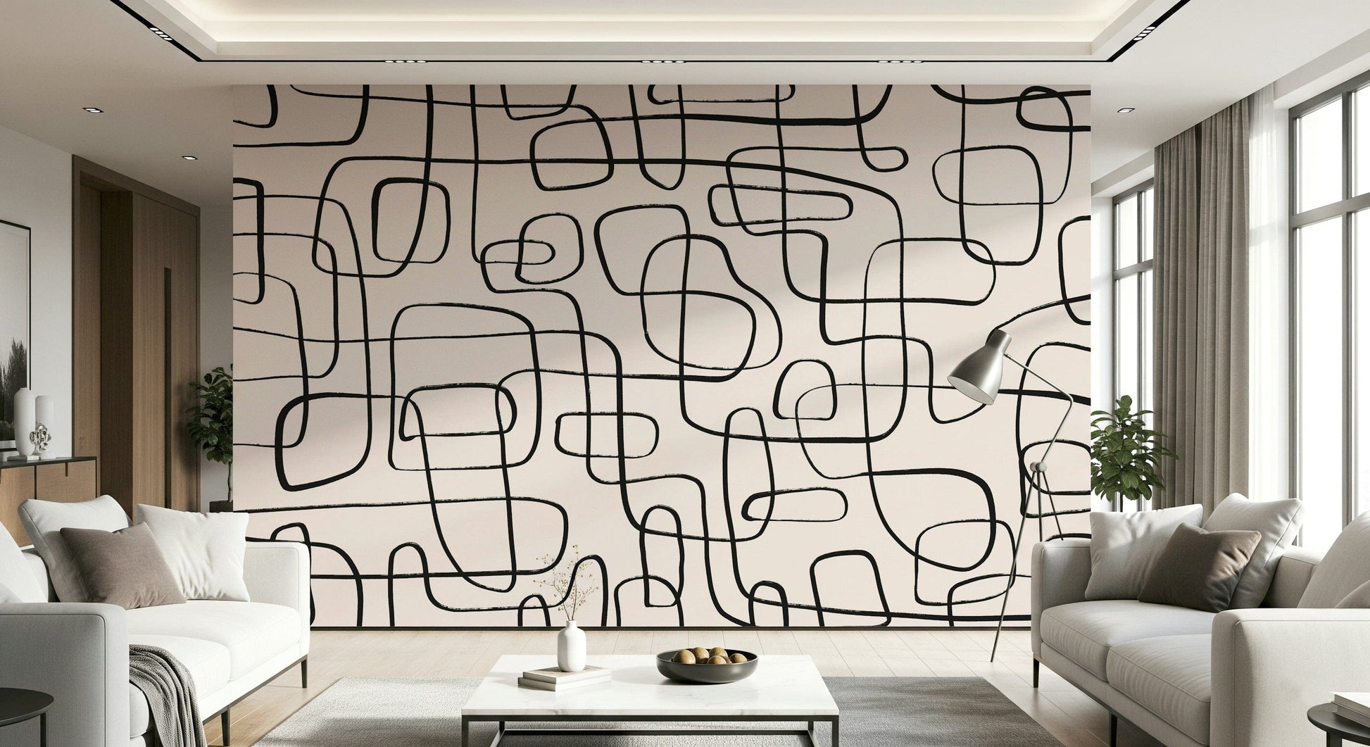 A graceful subtle line wall mural in cool, natural tones.