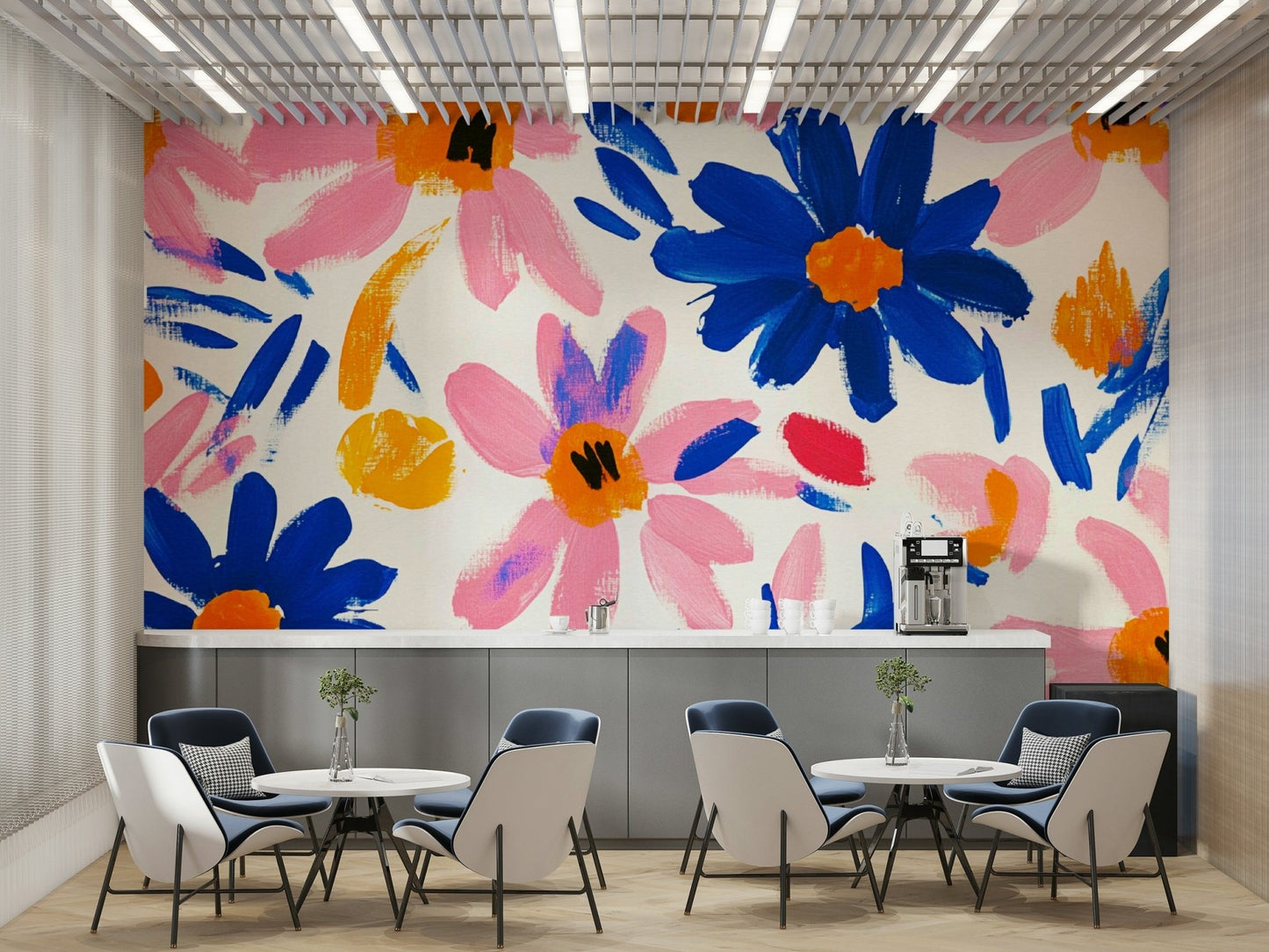 Artistic floral feature wall with bold color blocks

