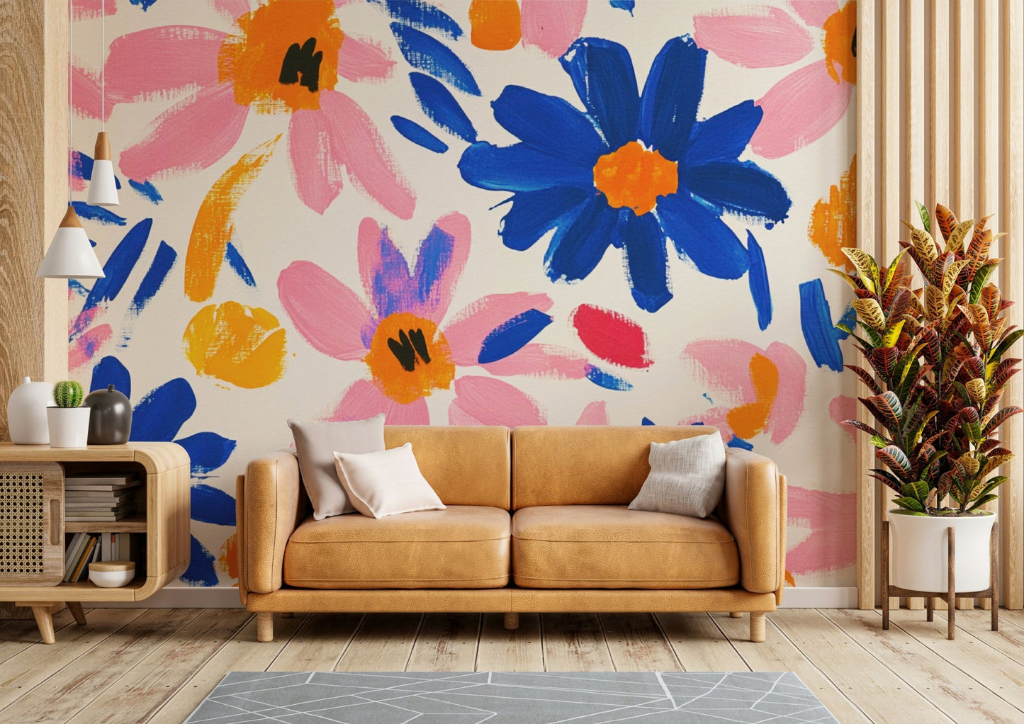 Fauvist modern style mural with bold flower shapes

