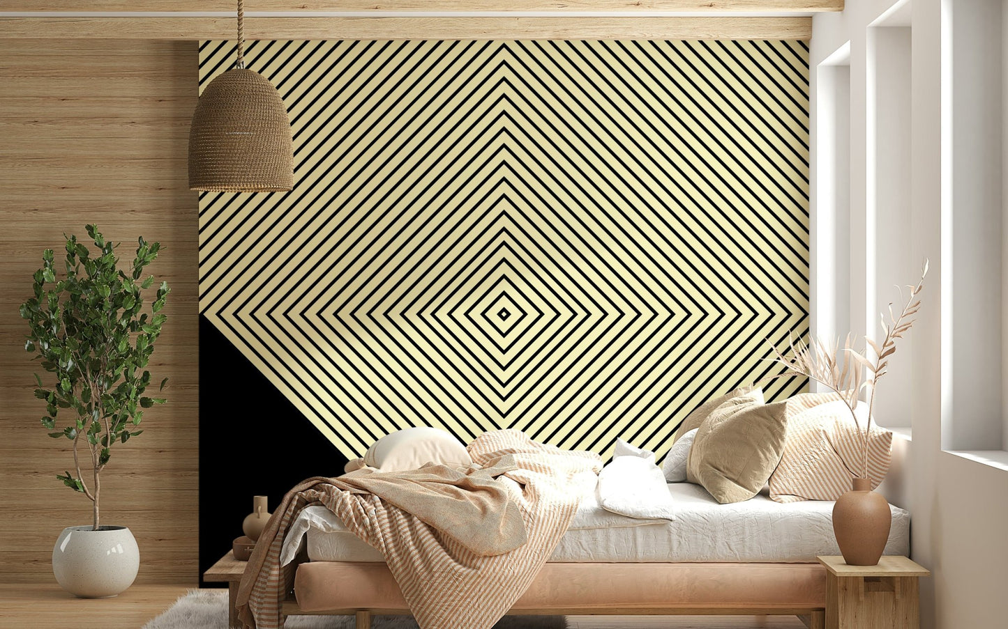 A bold abstract wallpaper with concentric diamond lines creating a dynamic focal point.