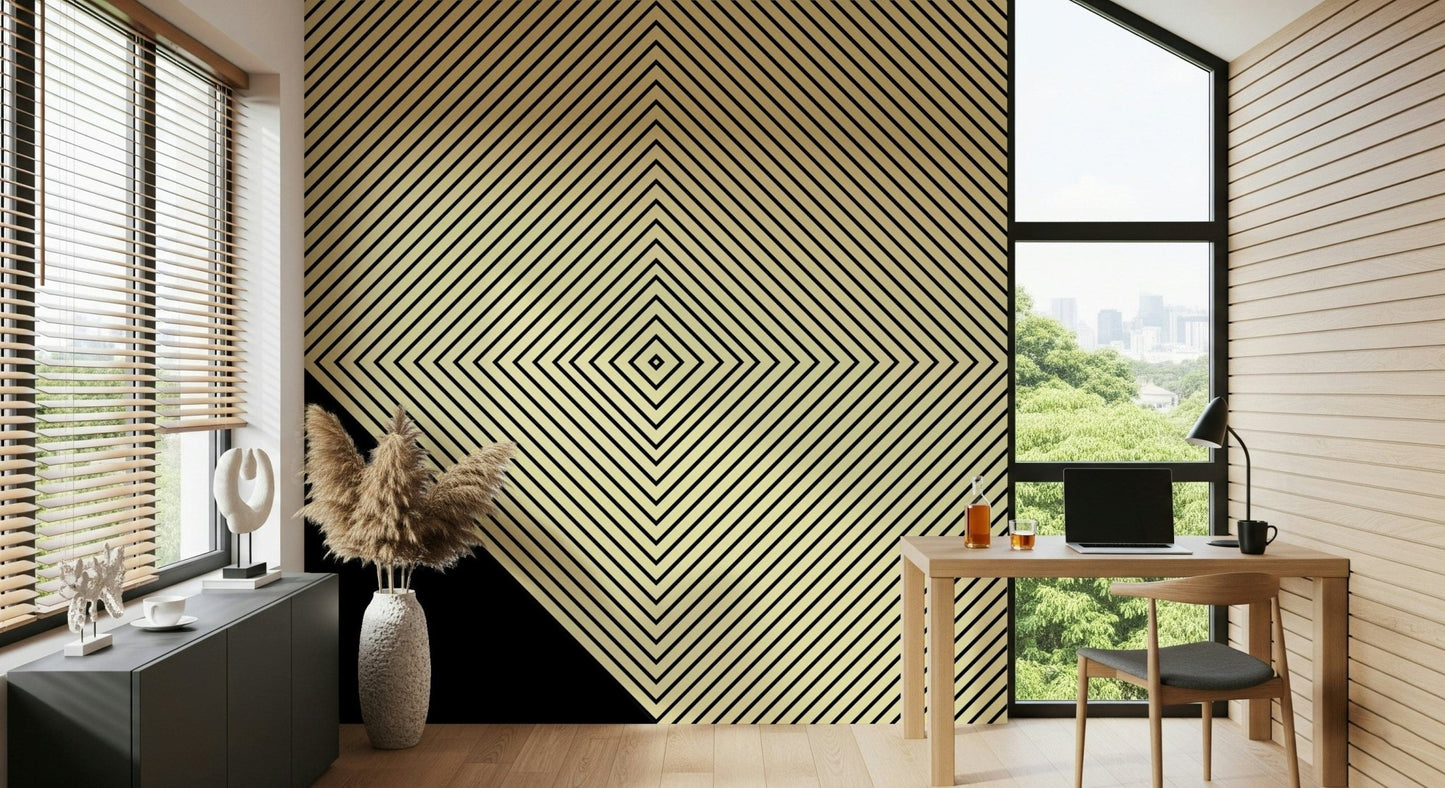 Monochrome diagonal stripes forming a geometric peak, giving the wallpaper a modern optical effect.