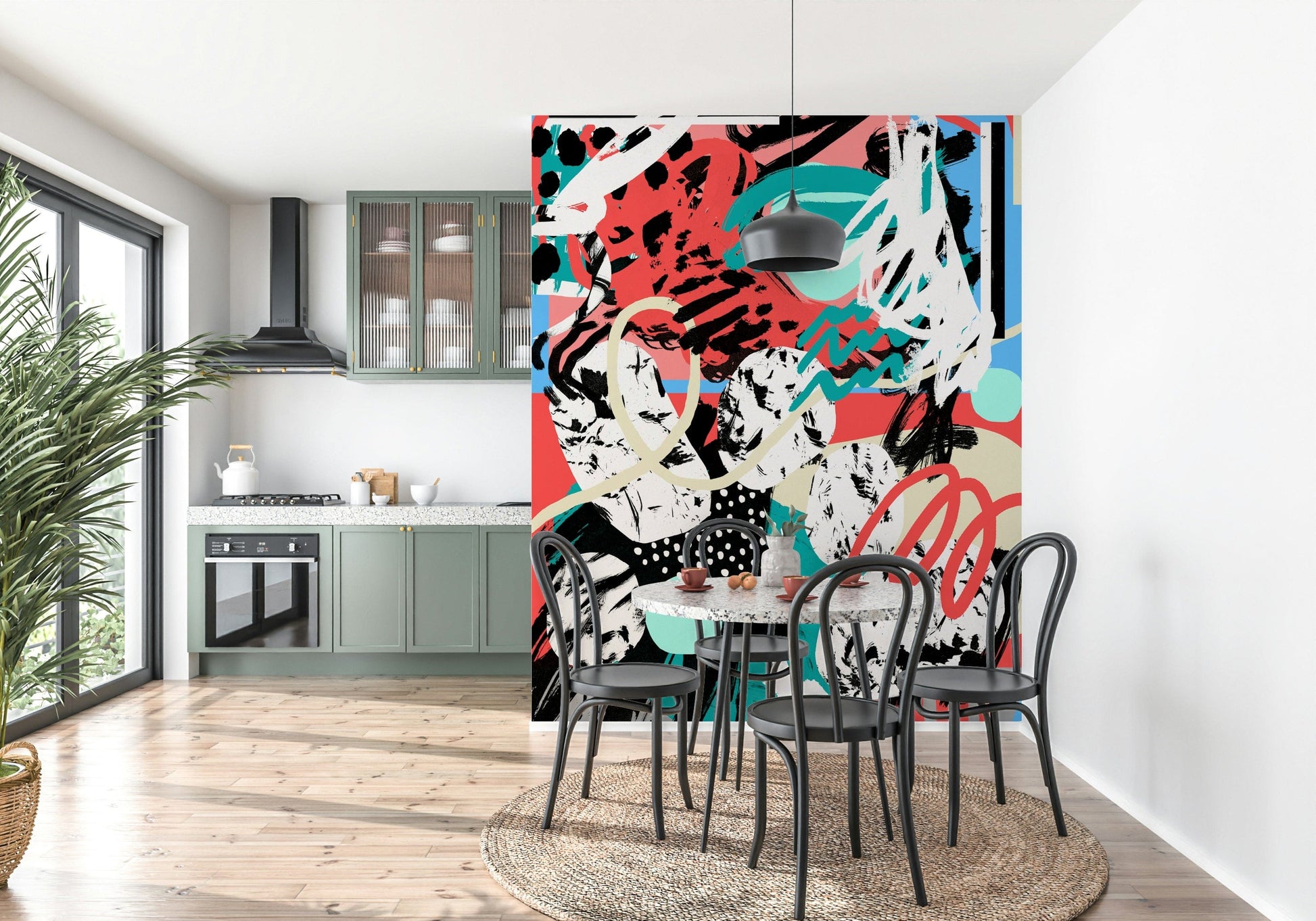 A calming celestial design wallpaper mural that defines a space.