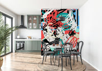 A peaceful open sky mural on decorative wallpaper.