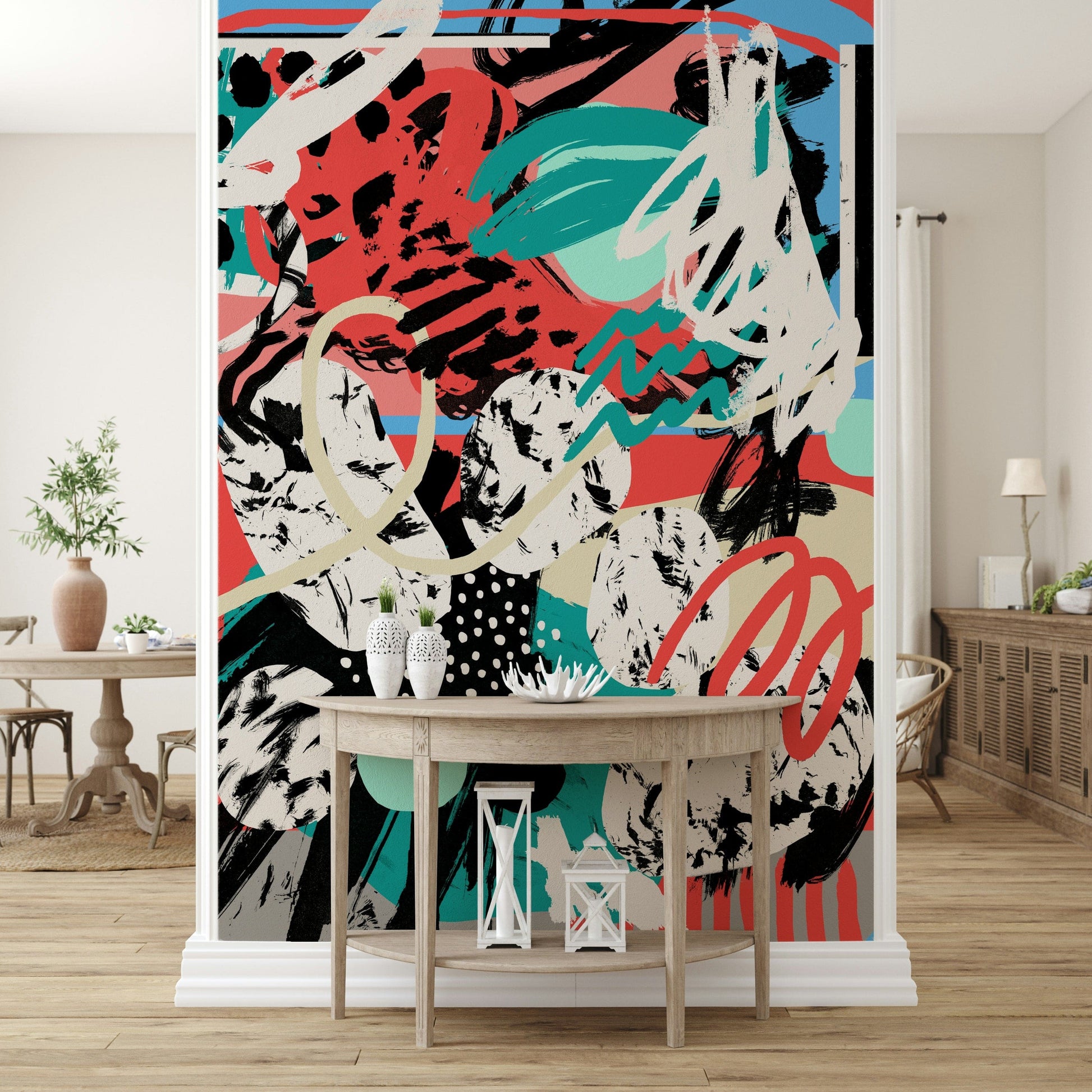 An artistic abstract moon mural on minimalist wallpaper.