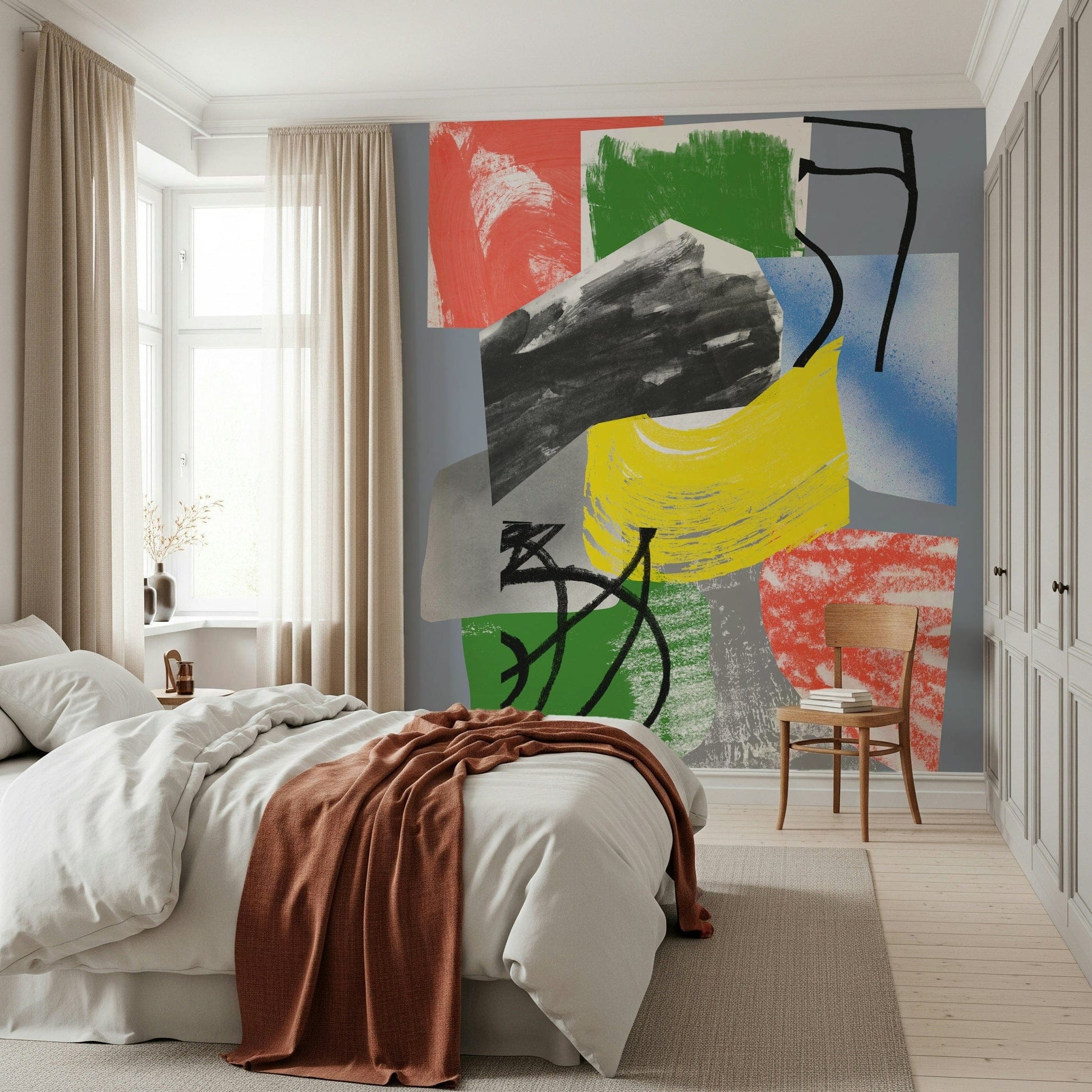 A colorful contemporary wallpaper with bold painterly strokes overlapping in red, yellow, green, and blue.