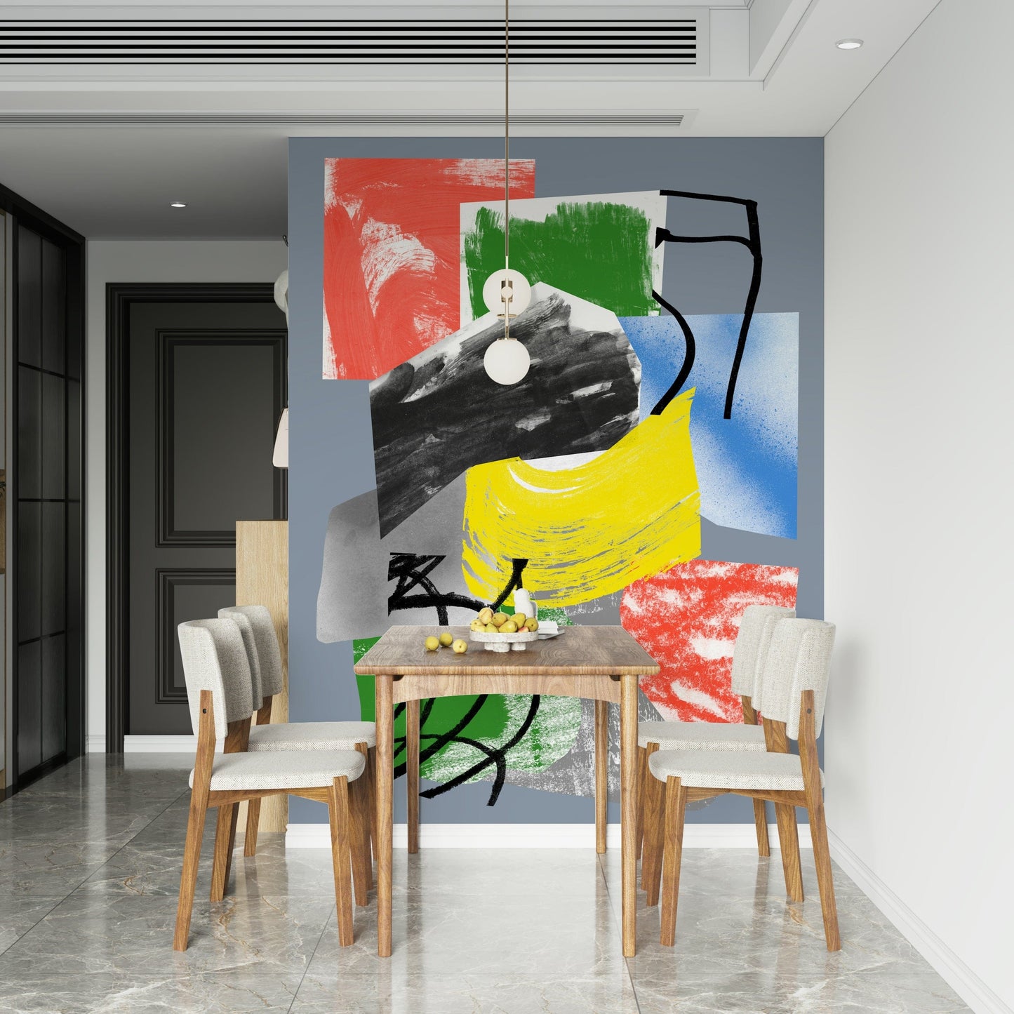 A multicolored wallpaper filled with expressive paint strokes in red, blue, green, yellow, and black.