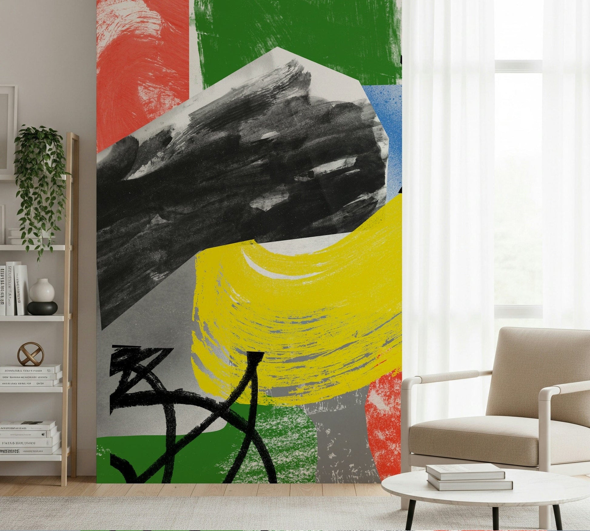 Modern art wallpaper showcasing bold primary colors and textured brushstrokes in an energetic layout.