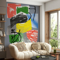 Color-blocked wallpaper with expressive strokes of red, blue, green, and yellow layered over textured shapes.
