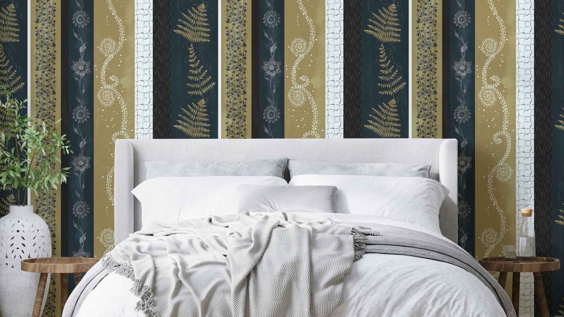 Abstract Nature Stripes mural for a modern bedroom.

