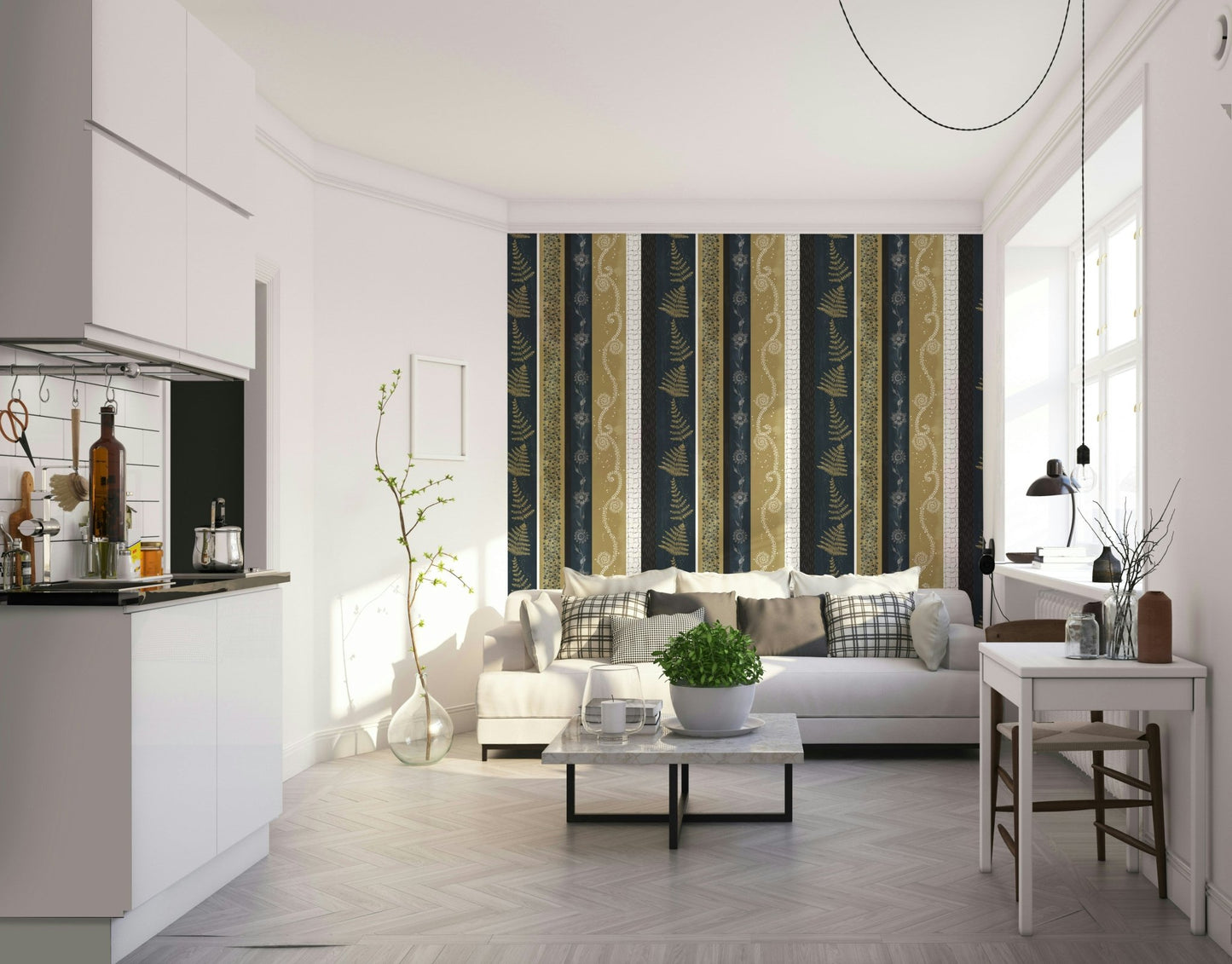 Abstract striped wallpaper with natural elements.

