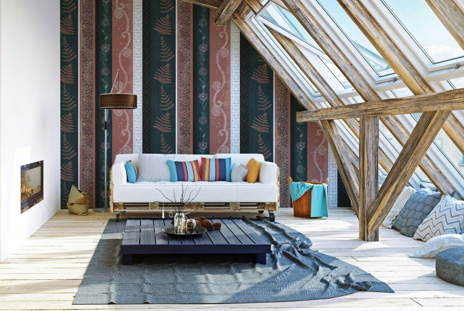 Wallpaper with vertical stripes of different patterns.

