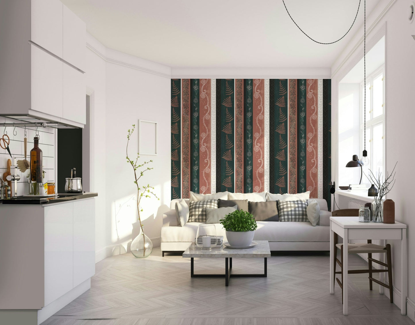 Abstract Nature Stripes mural in a living room.

