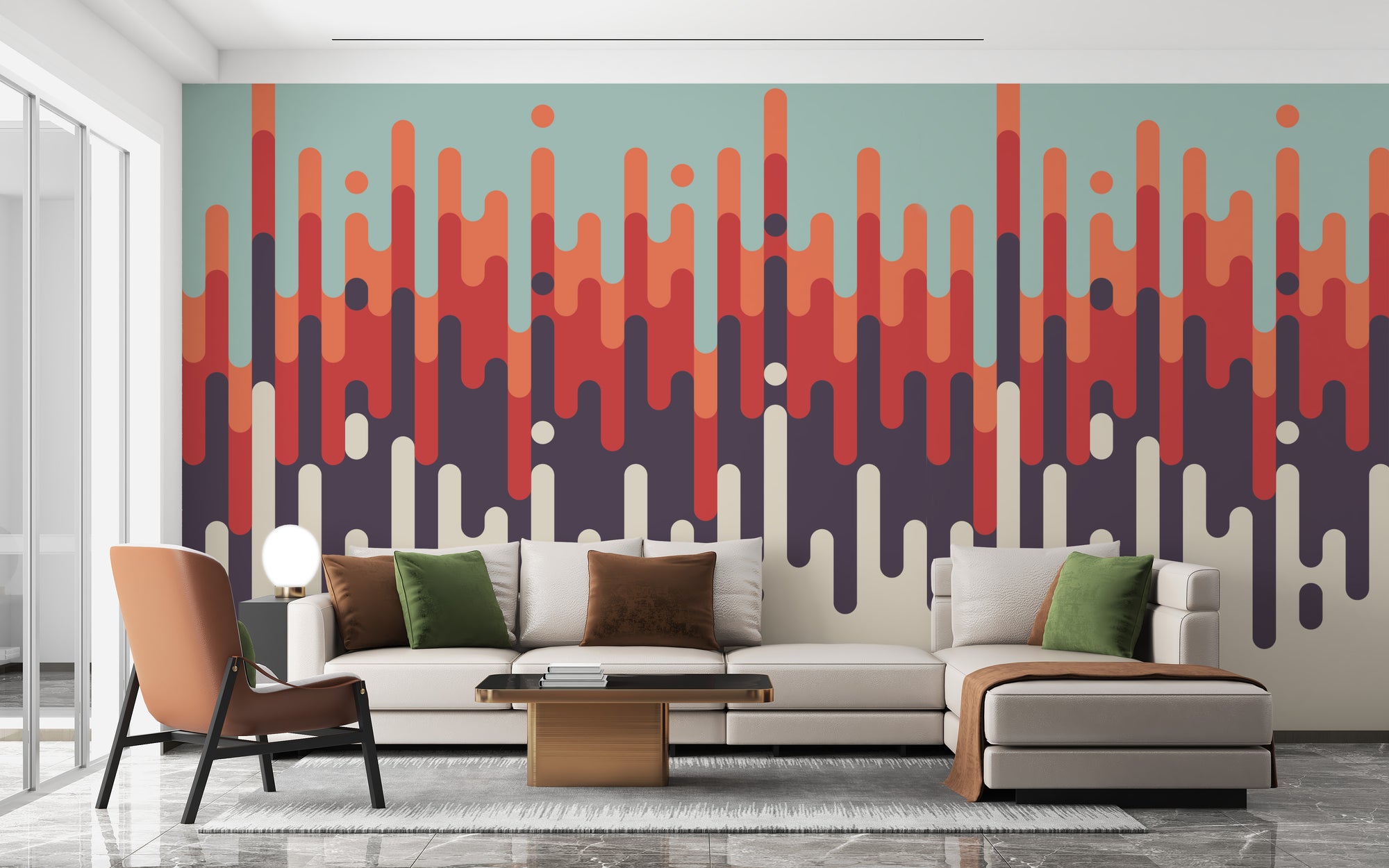 Abstract Retro Vintage Strip Pattern wallpaper mural in orange and purple behind a cream sectional sofa