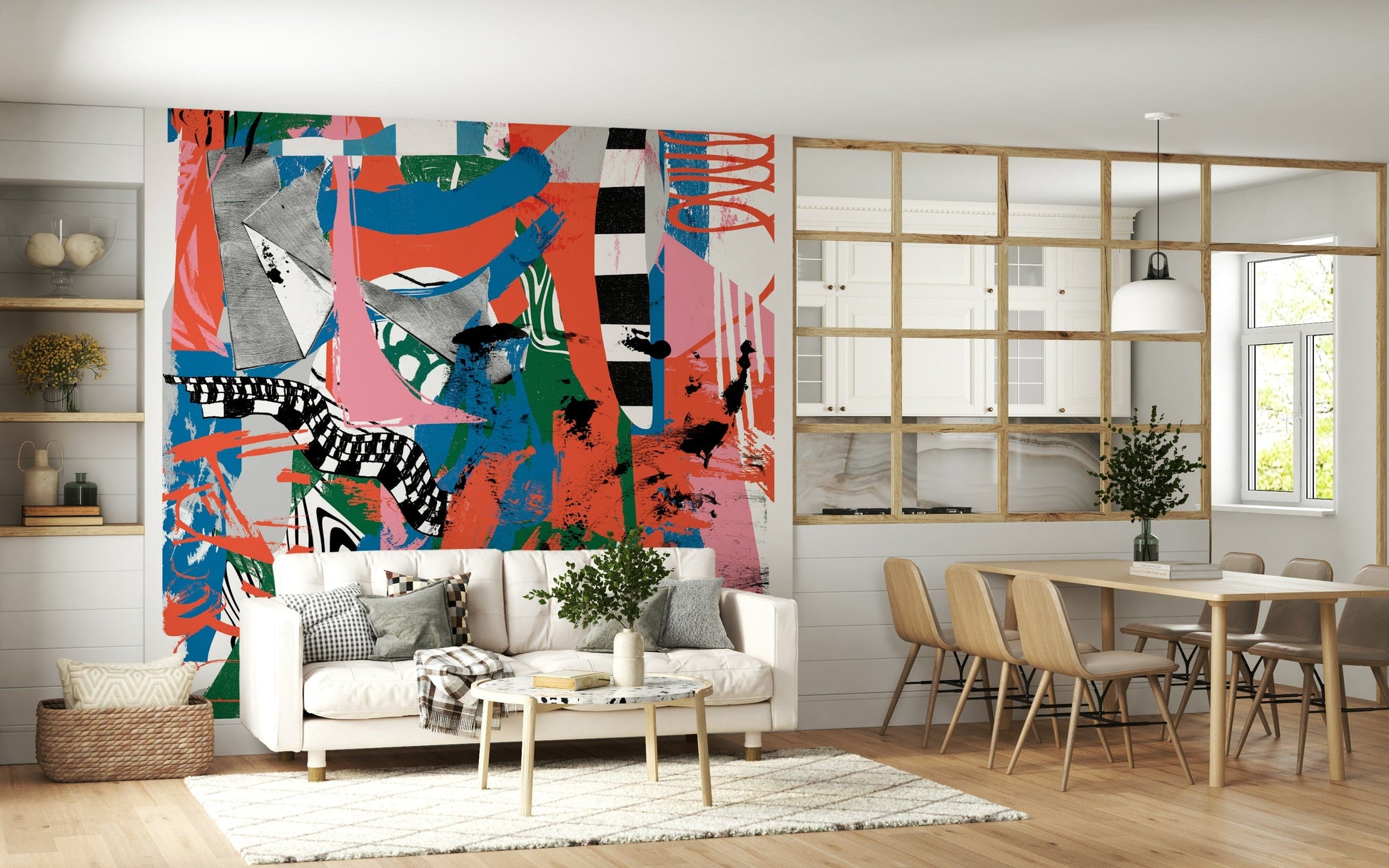 A peaceful modern abstract mural on decorative wallpaper.

