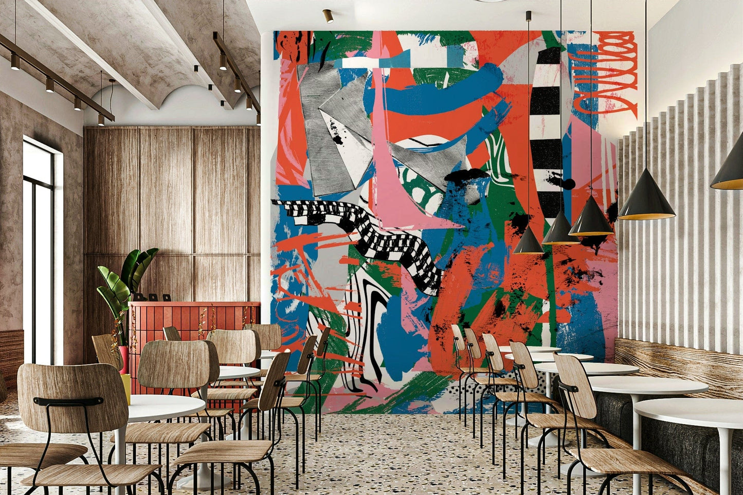 A graceful subtle energy wall mural in cool, natural tones.

