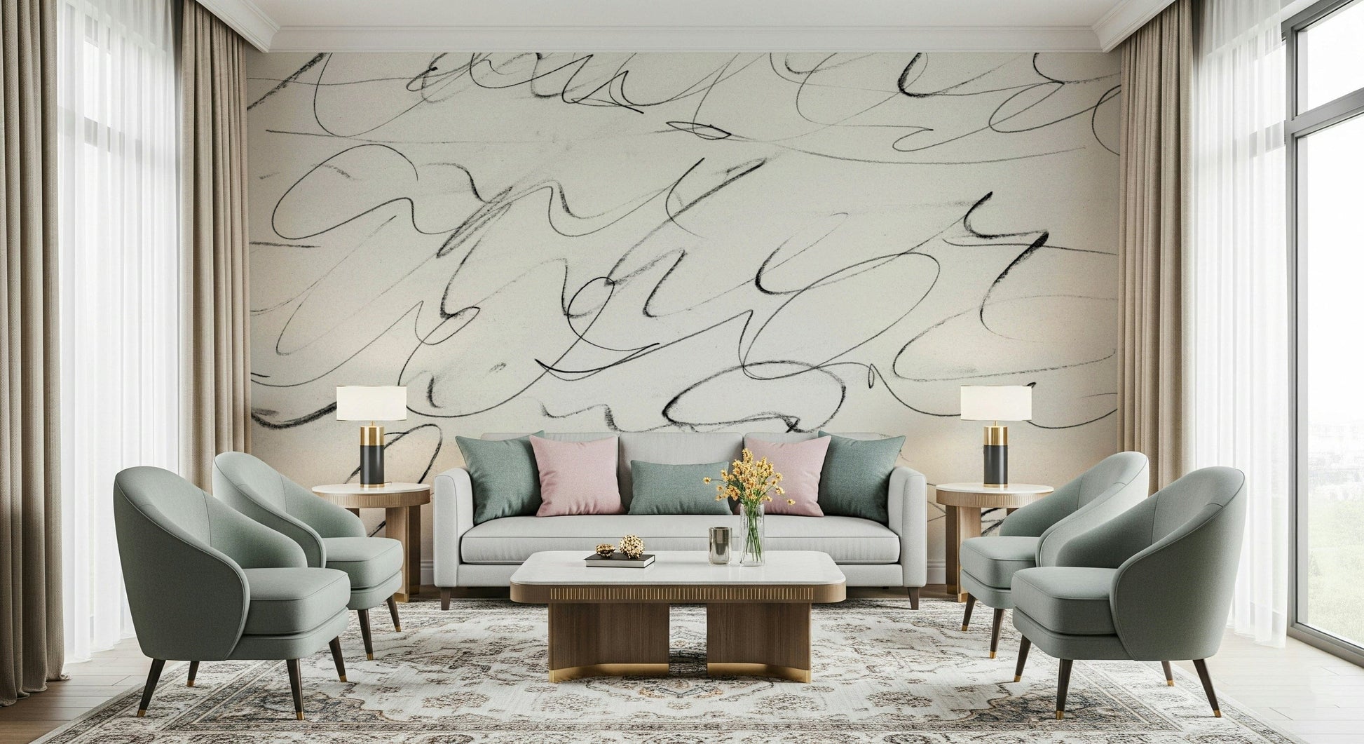 An artistic soft focus mural on minimalist wallpaper.