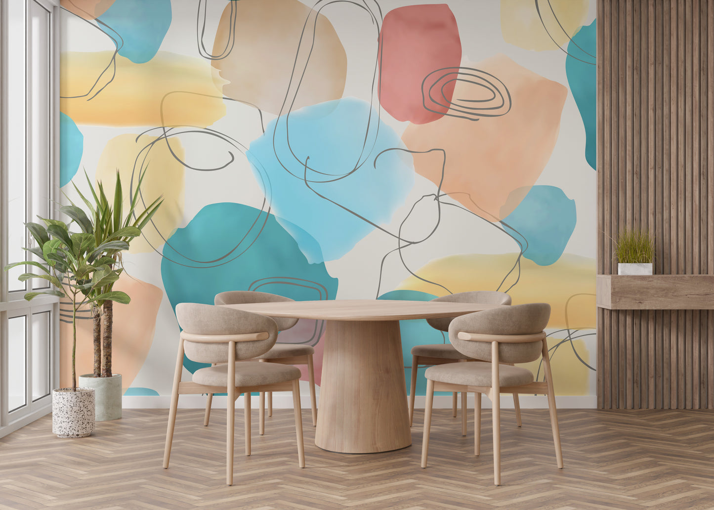 Abstract Shapes in Watercolor colorful wallpaper mural styled along a hallway feature wall near a console