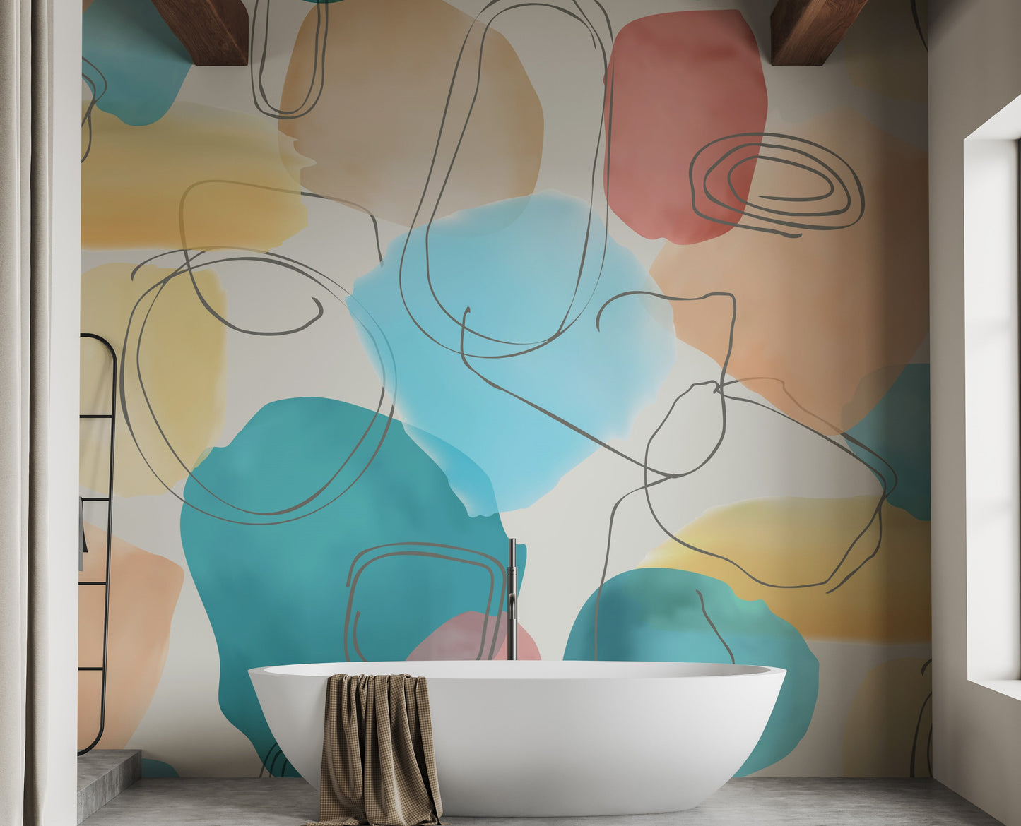 Abstract Shapes in Watercolor colorful wallpaper mural shown as a full feature wall that highlights the design