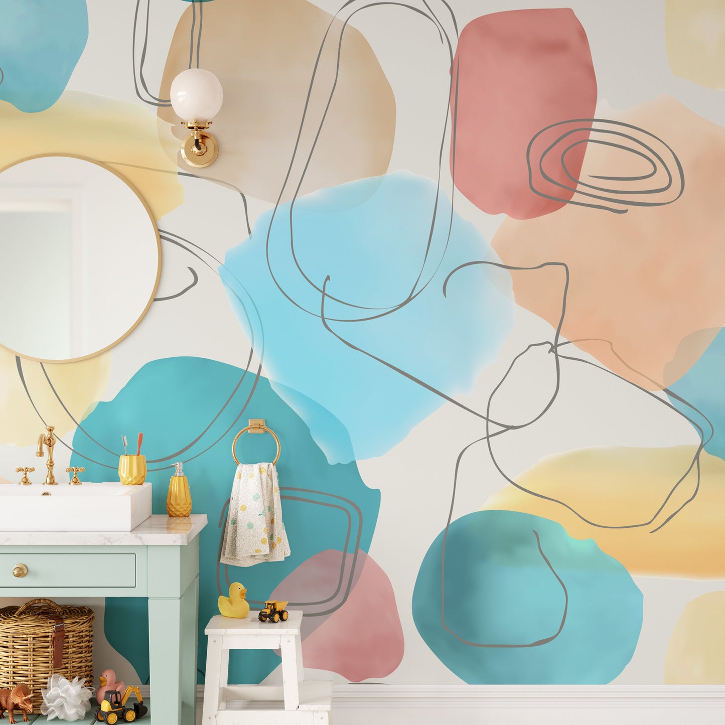 Abstract Shapes in Watercolor colorful wallpaper mural as a feature wall in a home office workspace in a multicolour palette