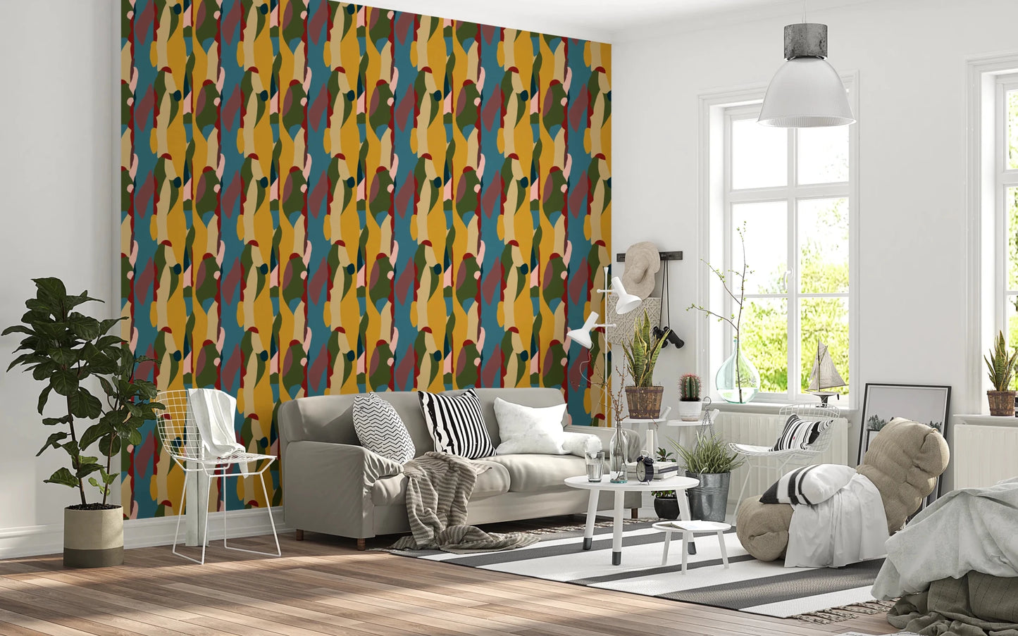 Modern living room geometric wall decor using Abstract Shapes Geometry Wallpaper.