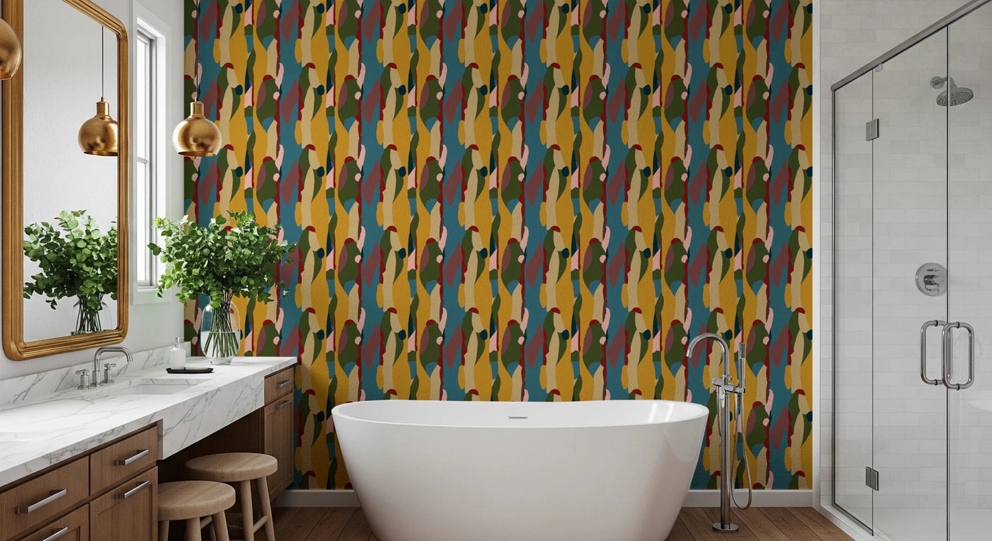 Bold color palette on Abstract Shapes Modern bathroom Geometry Wallpaper design.