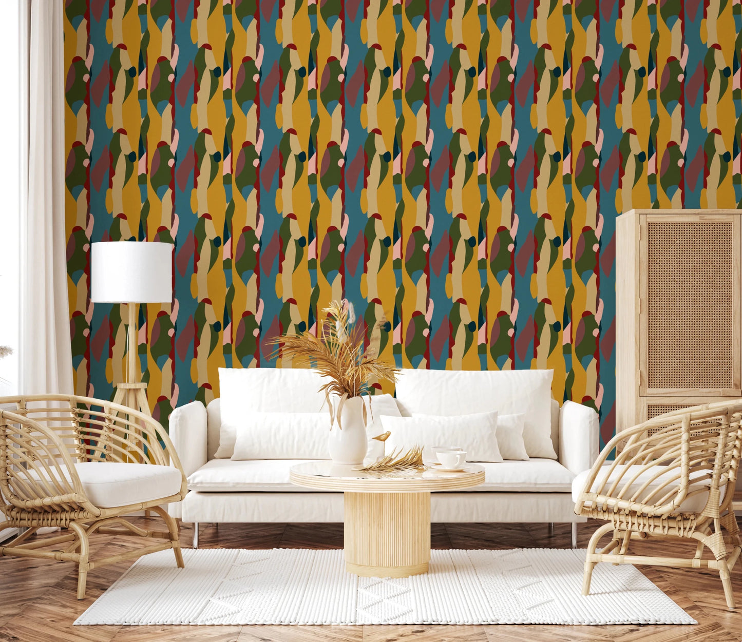 Colorful artistic living room wall pattern features this Abstract Shapes Modern Geometry Wallpaper.