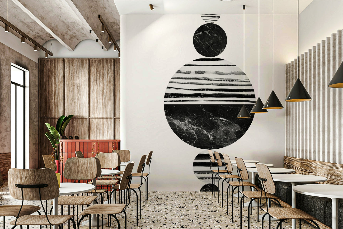 Artistic abstract shapes creating a playful wall effect