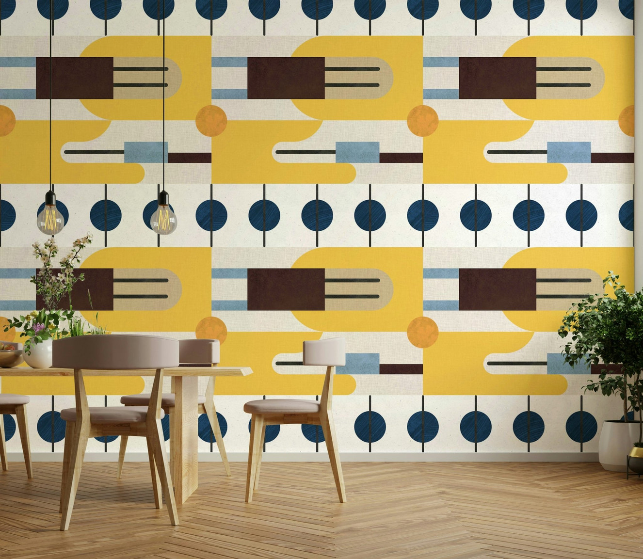 Wall mural featuring layered neutral abstract forms

