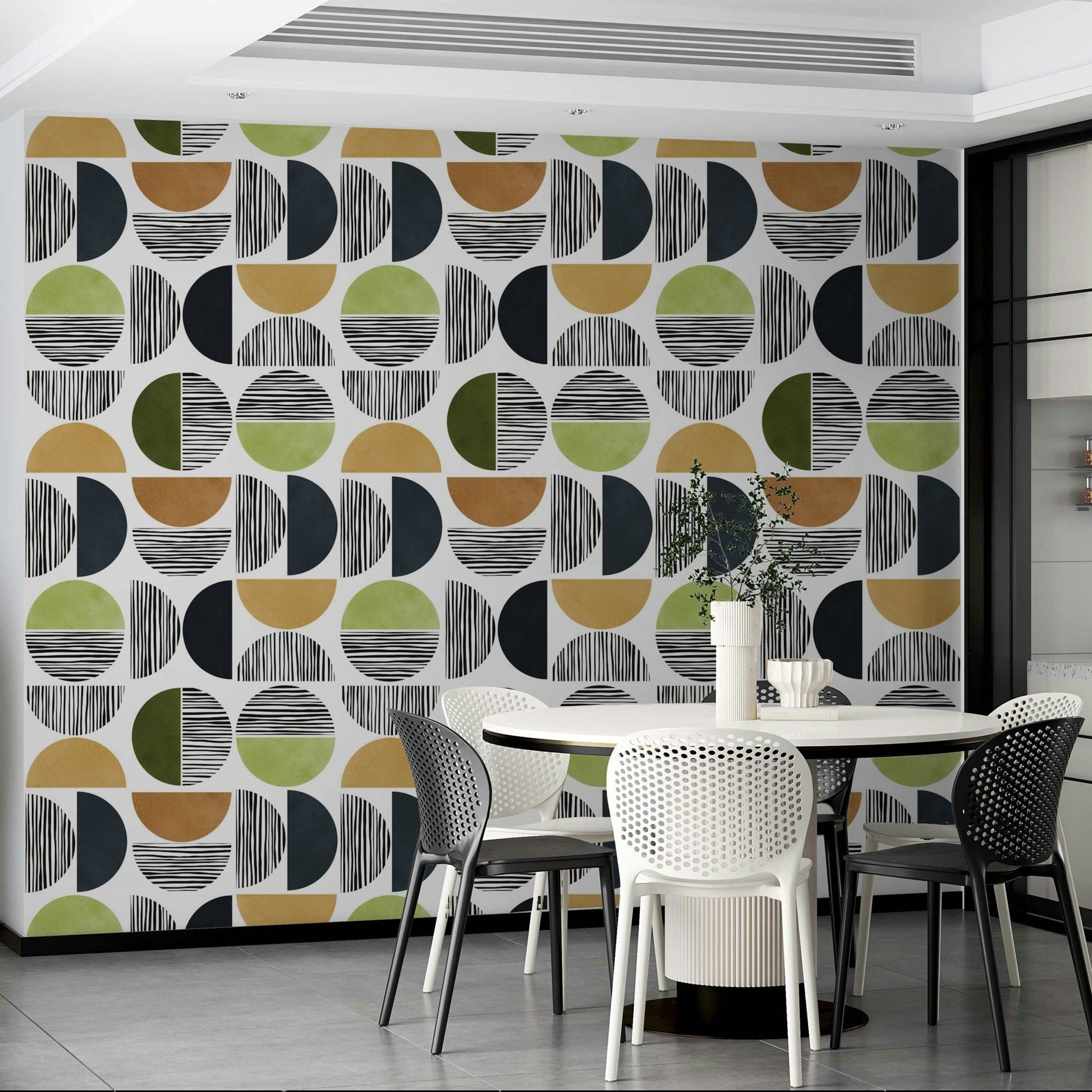 The wallpaper is applied seamlessly, giving the wall a uniform, high-end look.

