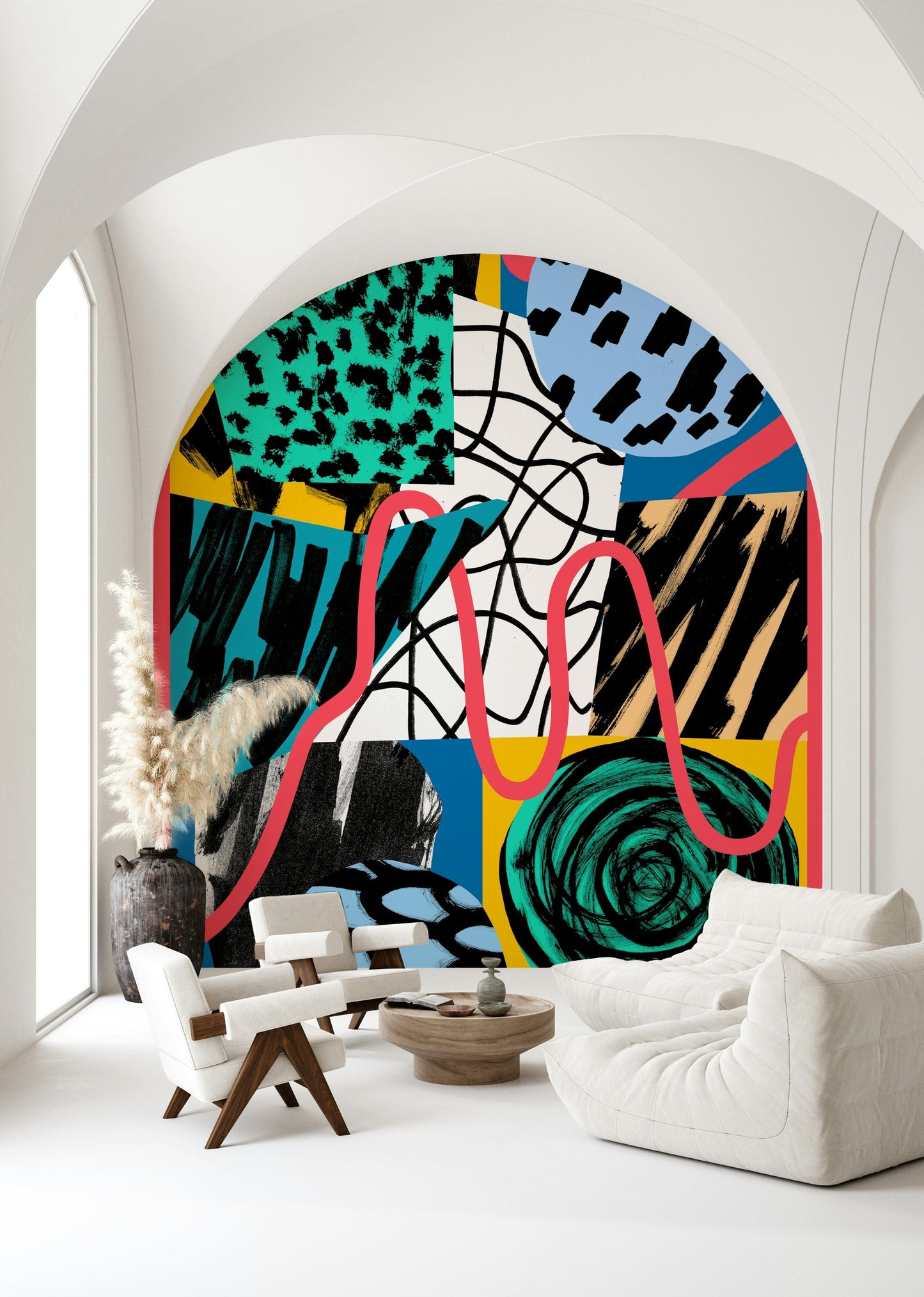 A peaceful geometric abstract mural on decorative wallpaper.

