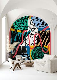 A peaceful geometric abstract mural on decorative wallpaper.

