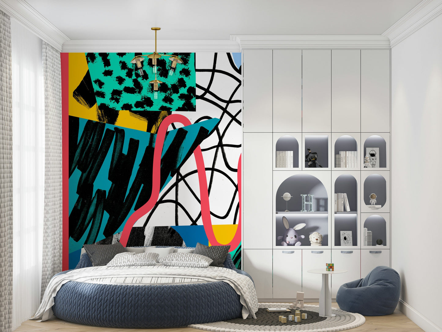 An artistic abstract connection mural on minimalist wallpaper.

