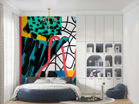 An artistic abstract connection mural on minimalist wallpaper.

