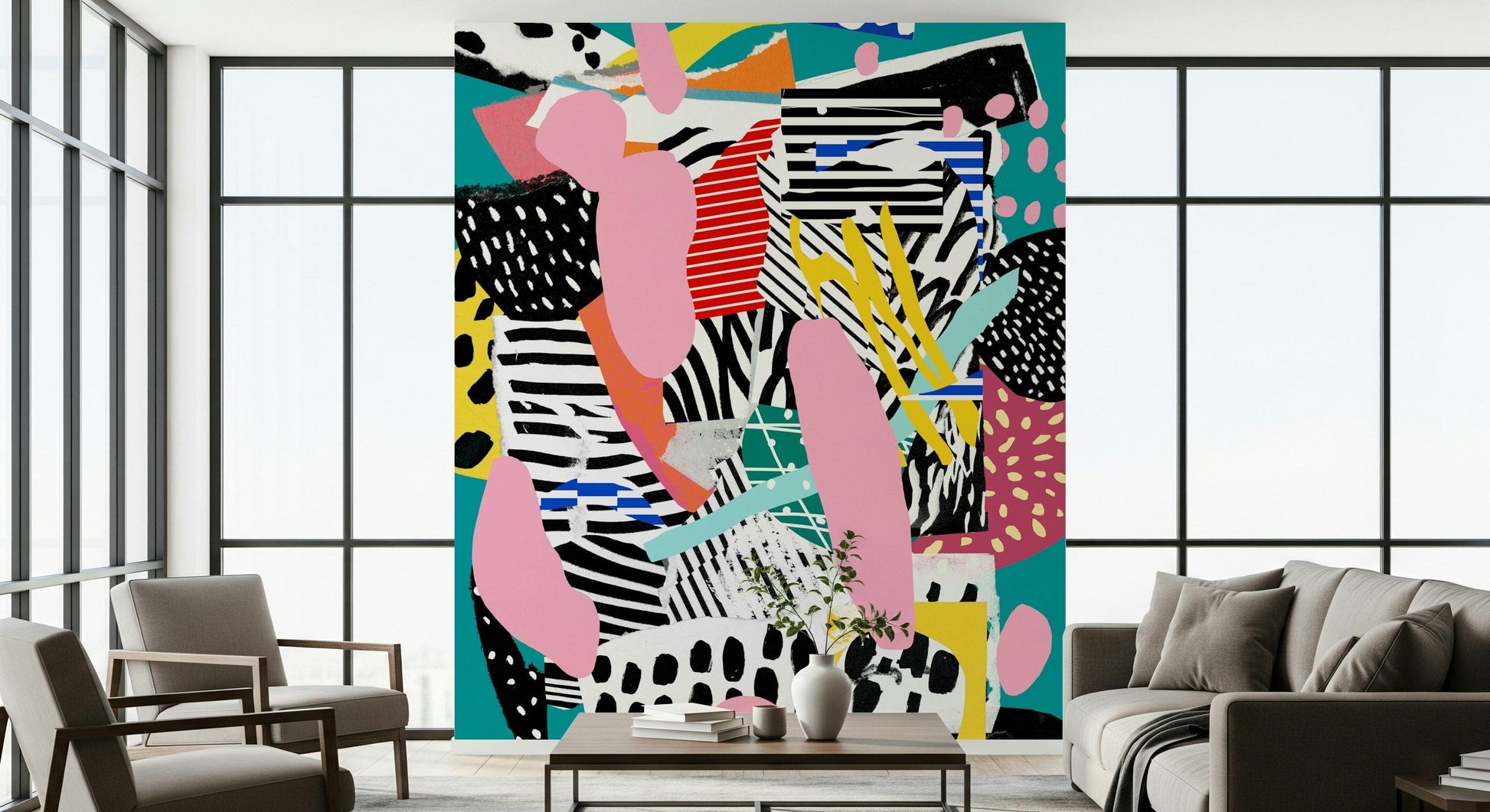 A graceful subtle court pattern wall mural in cool, natural tones.

