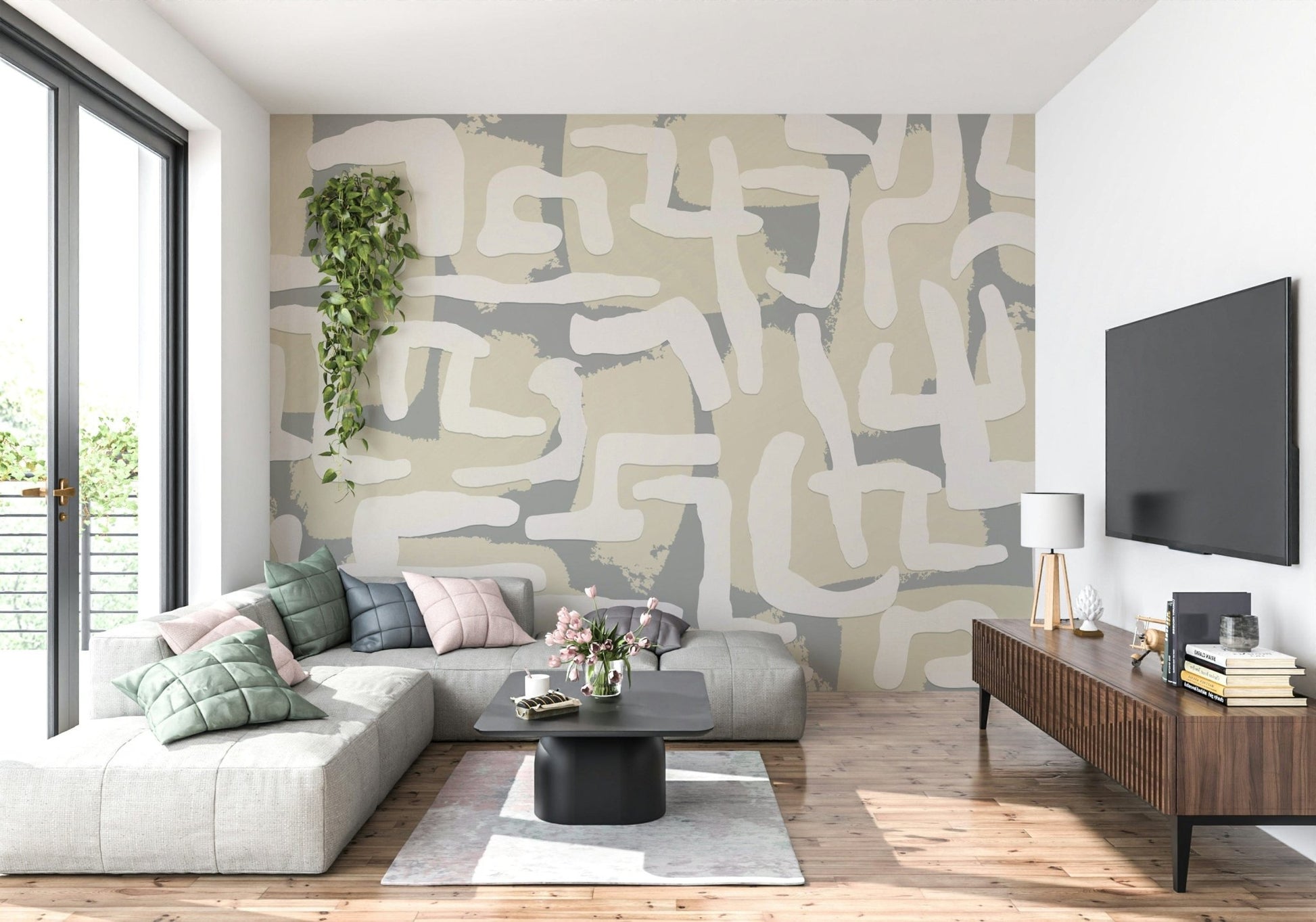 Terrain abstract mural in reading nook, calm color palette