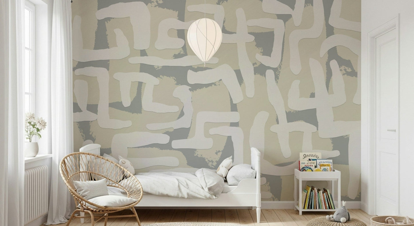 Abstract landscape mural in home office, calm modern backdrop