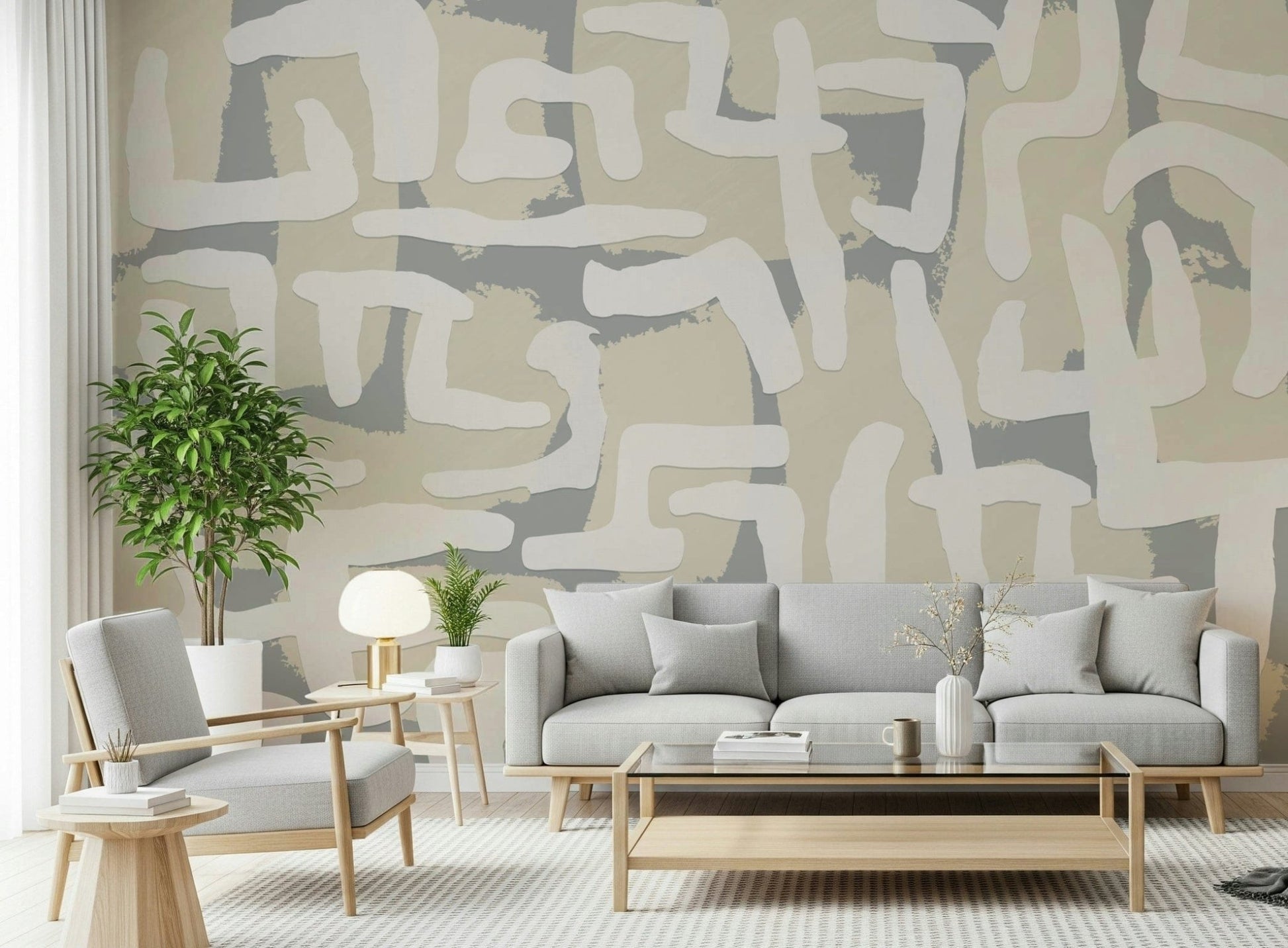 Abstract terrain mural in apartment lounge, modern feature wall