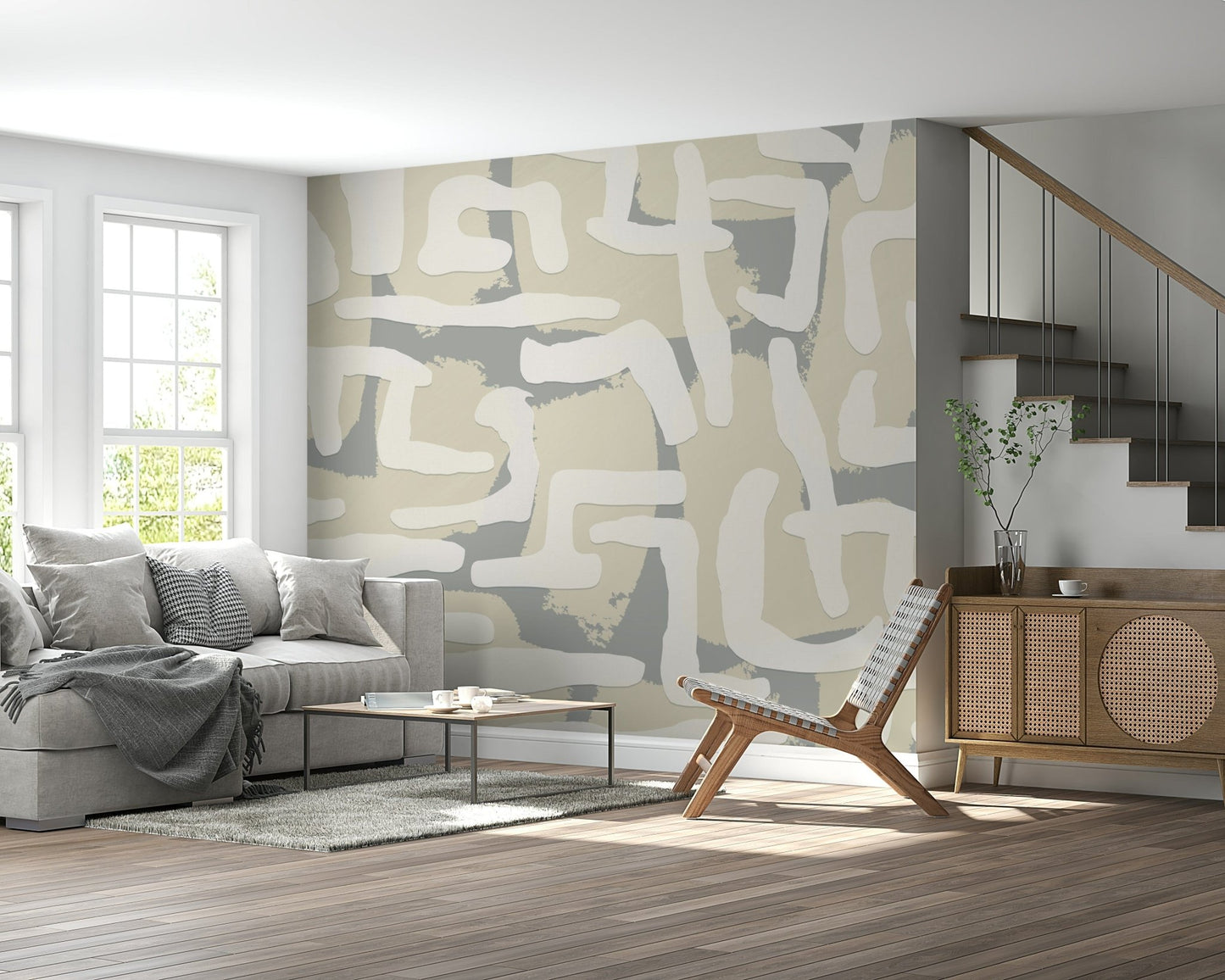 Abstract terrain mural in living room, modern neutral color