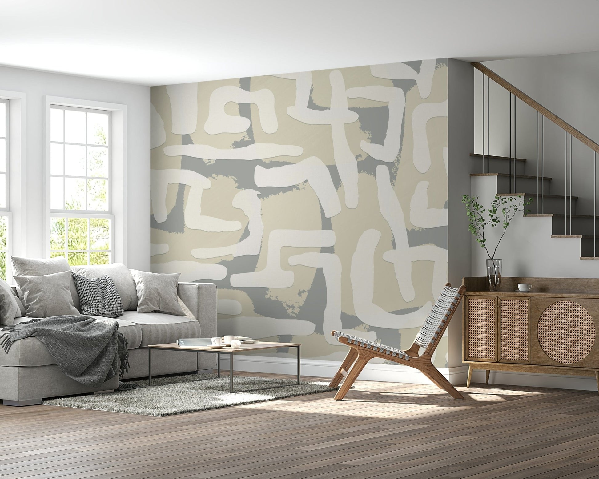 Abstract terrain mural in living room, modern neutral color