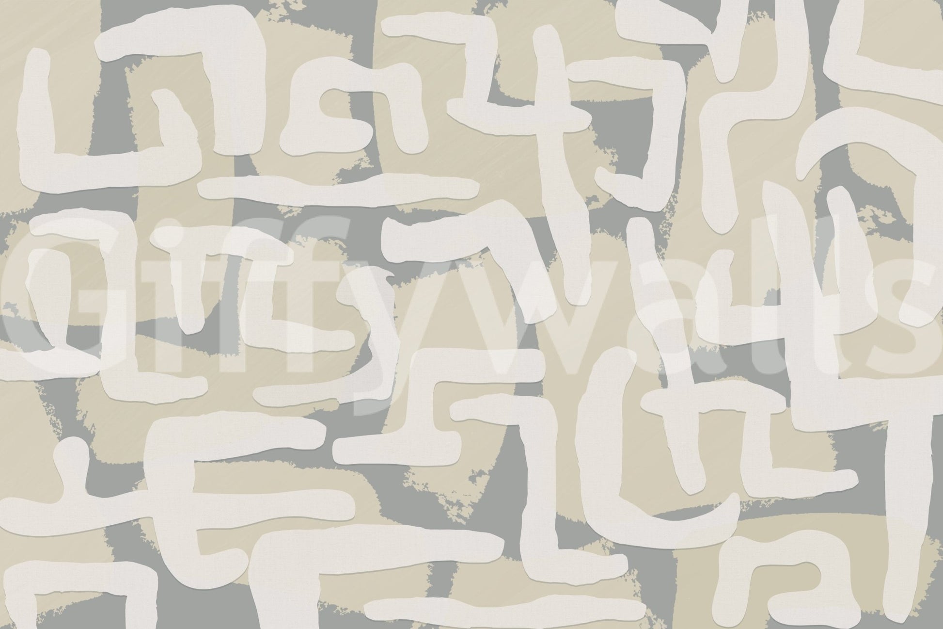 Minimal lounge with abstract terrain mural, soft color tones