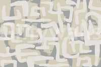 Minimal lounge with abstract terrain mural, soft color tones