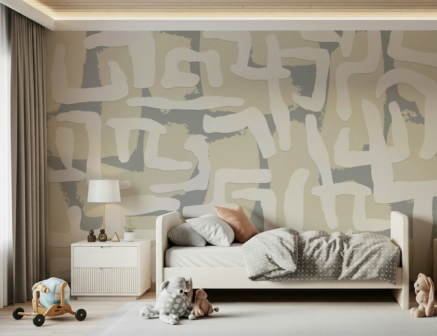 Terrain-style abstract mural in bedroom, soft color layers