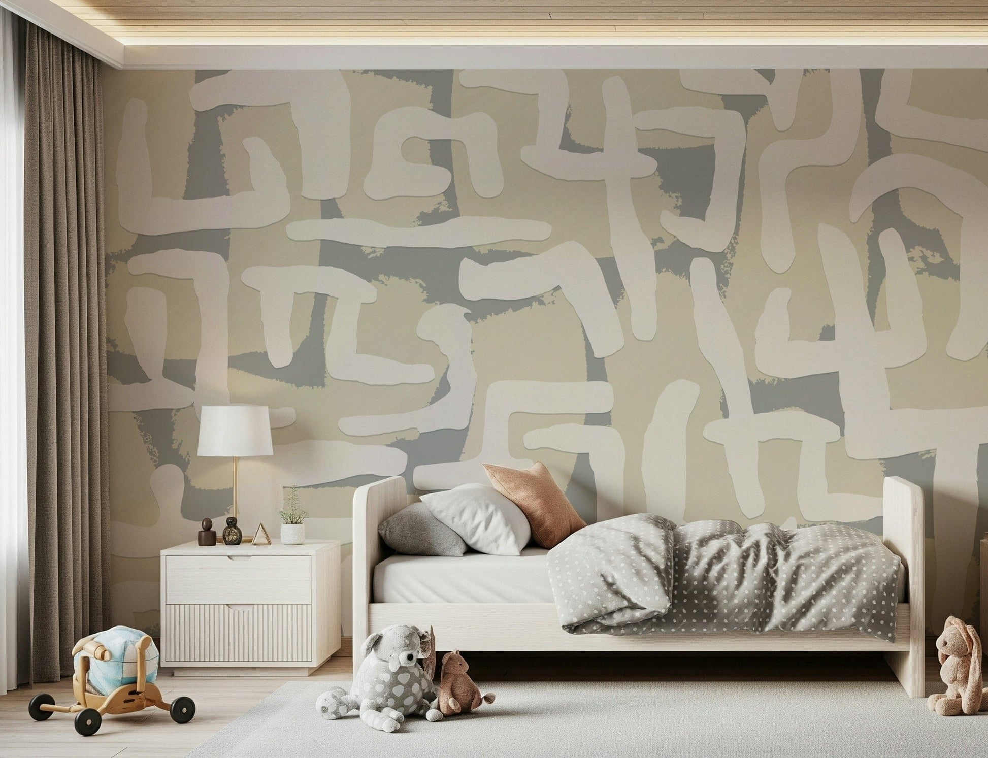 Terrain-style abstract mural in bedroom, soft color layers