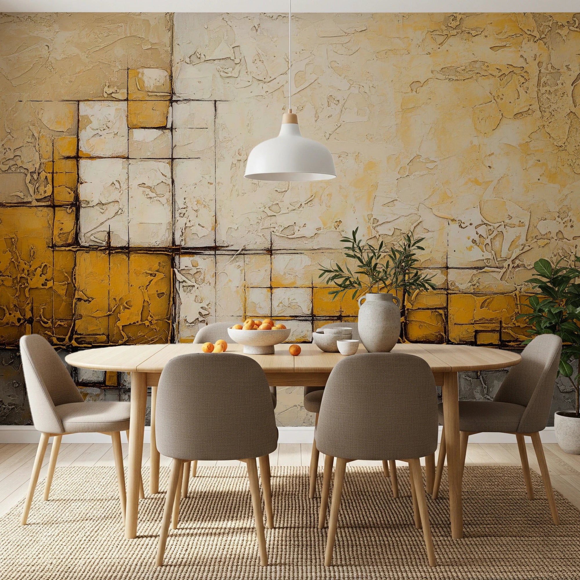 Abstract Texture wallpaper mural with golden-yellow and cream impasto squares above an oval wood dining table and taupe chairs