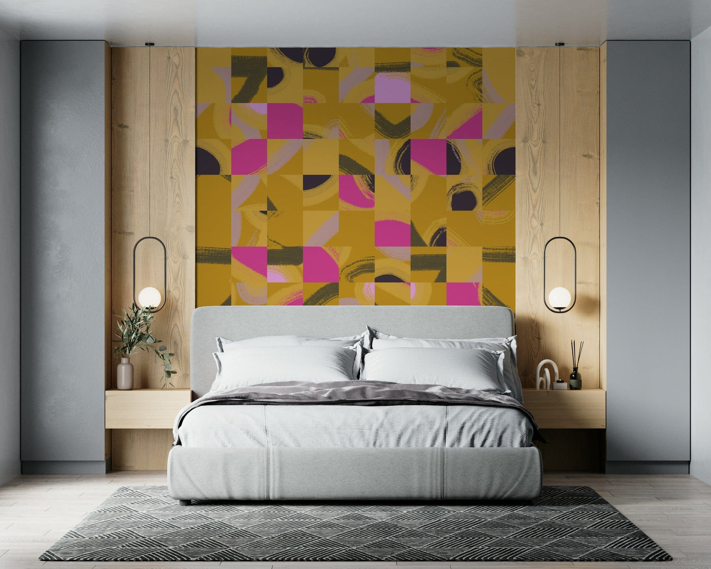 Dynamic tile mosaic wall mural bold brushstroke movement.