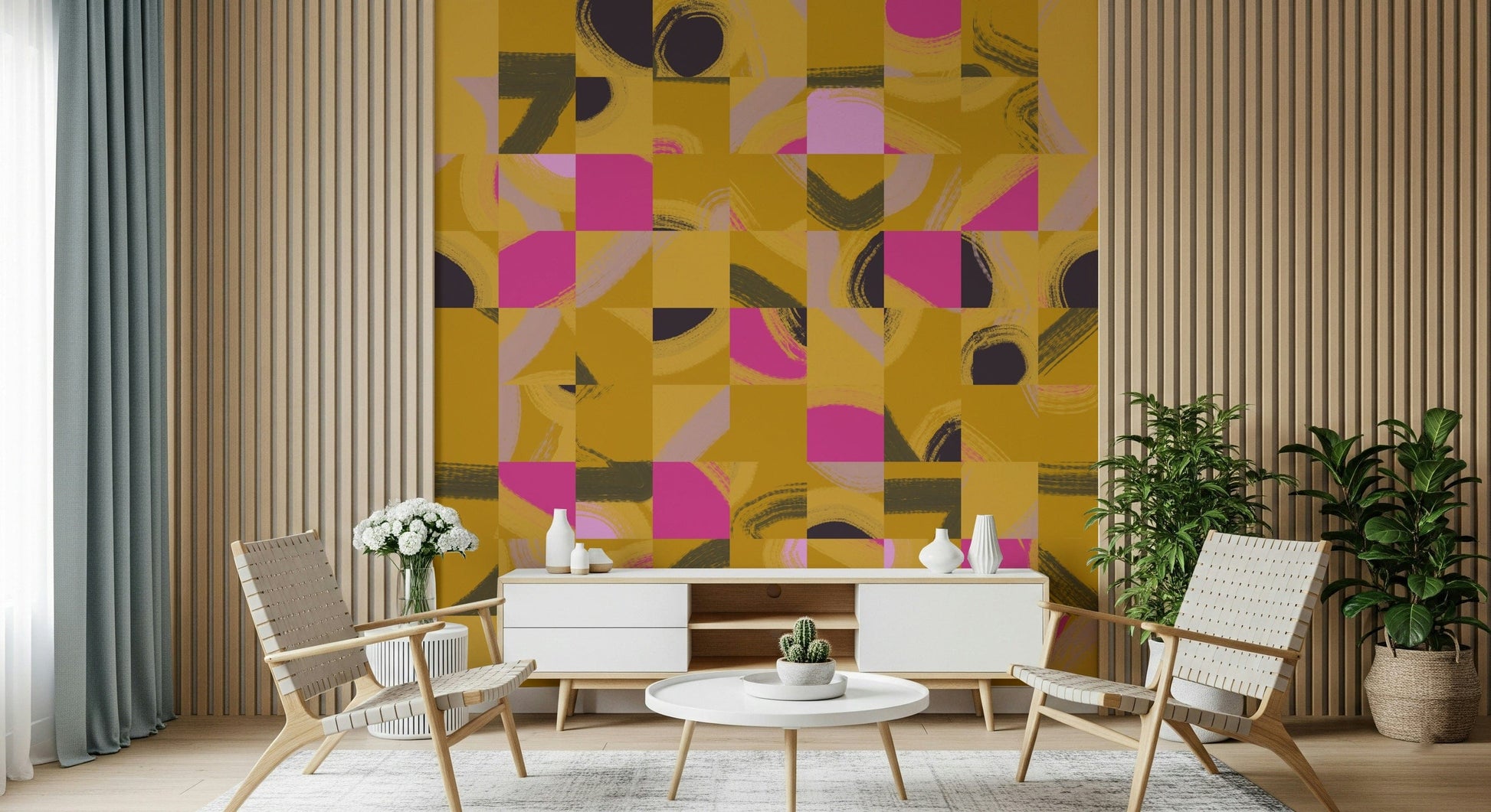 Abstract color block paint mural contemporary wall design.