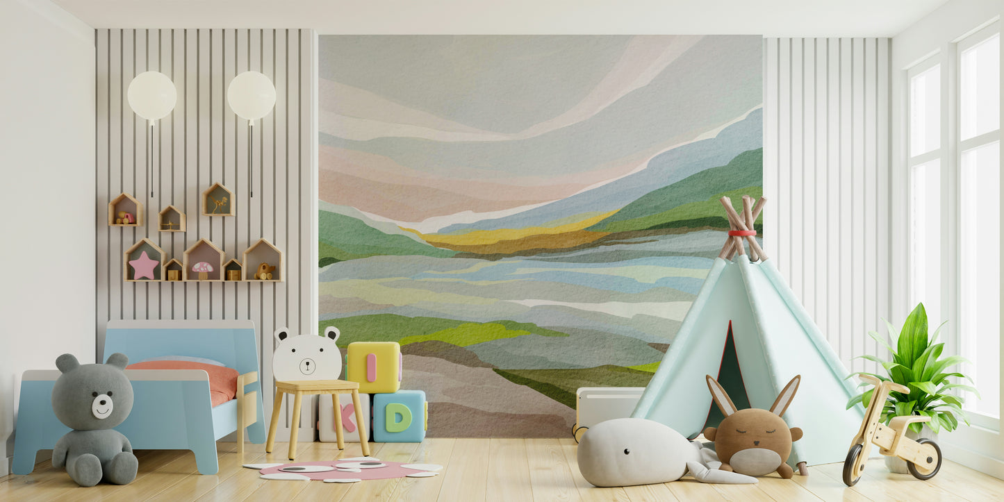 Artistic mural of hills in soft watercolor paint

