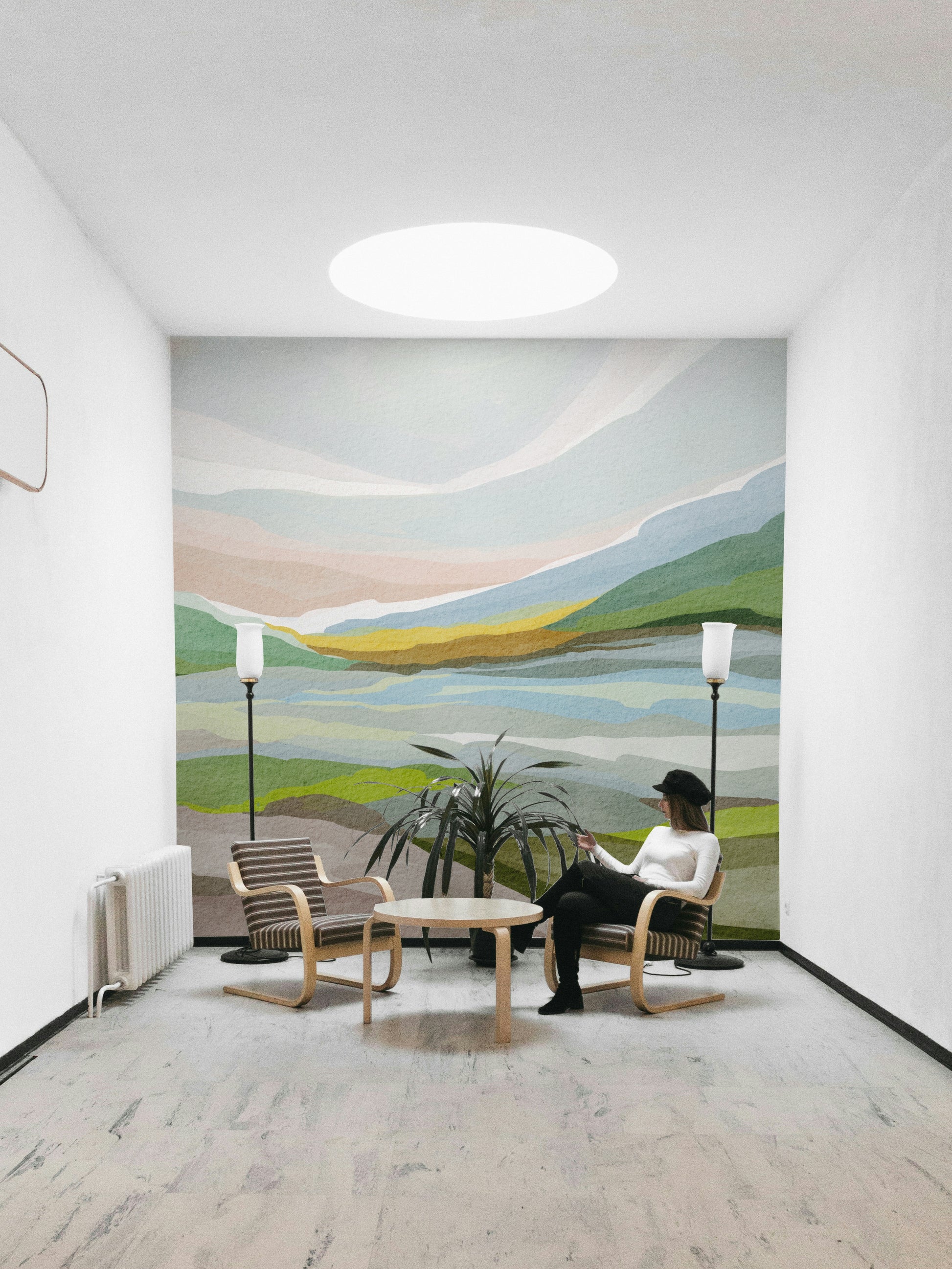 Contemporary mural with abstract watercolor hills

